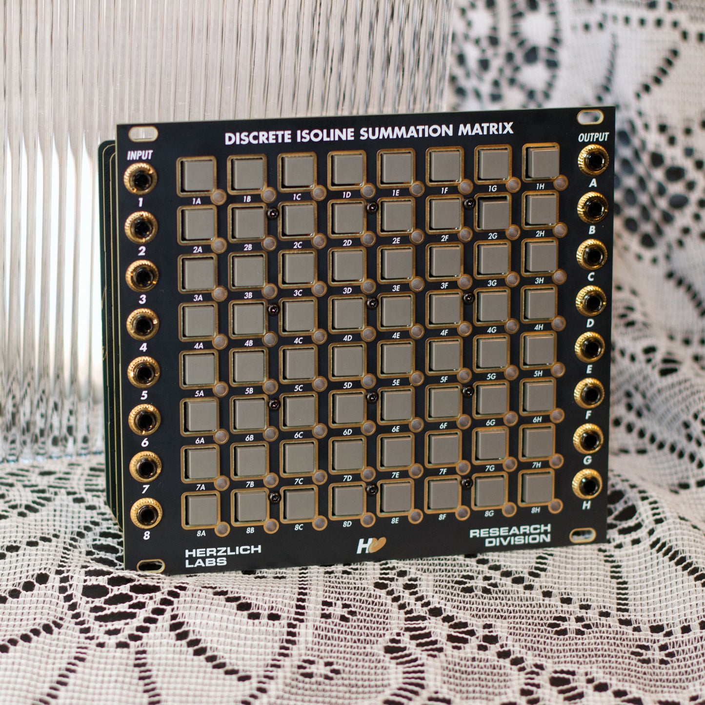 Discrete Isoline Summation Matrix - 28hp - compact 8x8 matrix mixer for CV and audio with latching switches and LED indicactors